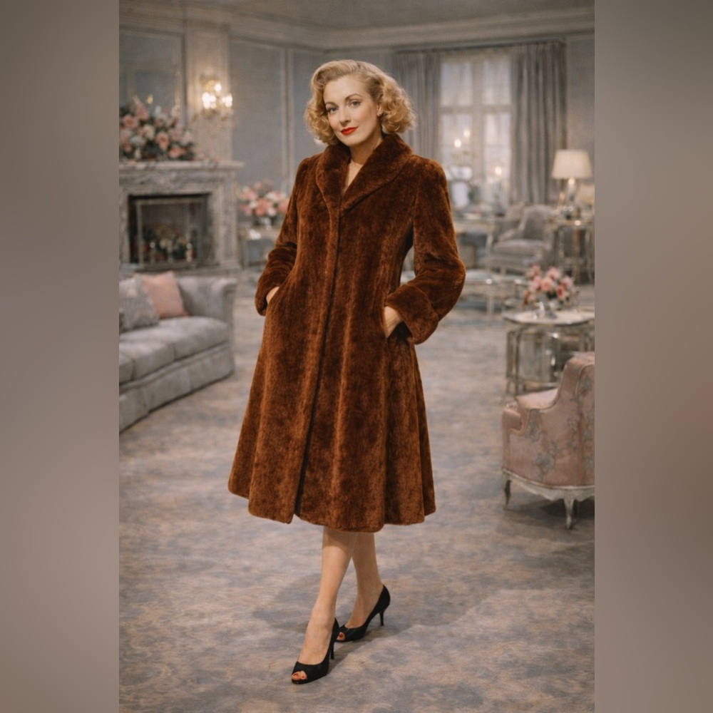 Vintage Mahogany 1950’s Mouton Fur Swing Coat Old Hollywood Glam Sheared Lamb